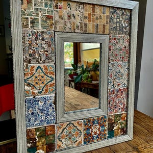 Moroccan Travertine Wall Mirror, Handmade Mosaic Stone Tile, Eclectic Boho Bedroom Living Room Decor, Entryway Statement image 7