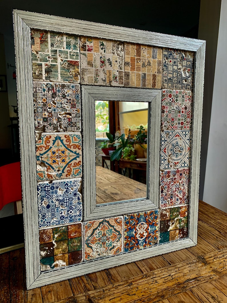 Moroccan Travertine Wall Mirror, Handmade Mosaic Stone Tile, Eclectic Boho Bedroom Living Room Decor, Entryway Statement image 7