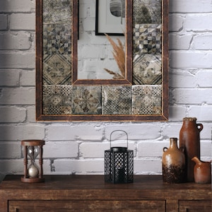 Boho mosaic tile mirror, coastal bathroom decor, nautical wall art, handmade travertine mirror, unique housewarming gift