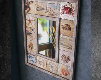 Bathroom Vanity Mirror - Coastal Fish Decor, Travertine Ocean Beach House, Handmade Rustic Anniversary Gift