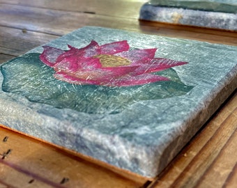 water lily coasters set of 4, July birth flower gift for Mom, enlightenment Buddhist decor, flower tile drink coasters with holder spiritual