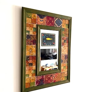 Olive Green Travertine Mirror, Gold Mosaic Stone Tile, Handmade Mediterranean Boho Wall Decor, Organic Modern Mirror
