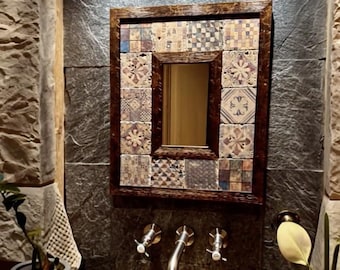 Travertine Tile Mirror, Boho Rustic Mosaic Wall Decor for Entryway or Bathroom, Eclectic Turkish Mirror, Free Shipping