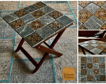 Vintage Side Table, Rustic Tile Side Table, Vintage Travertine Table , Marble side table, Side Table Wood, Side Table For Bedroom,Side Table