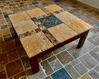 Boho table, farmhouse coffee table, travertine table, vintage coffee table, square coffee table, stone coffee table, marble coffee table