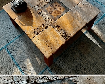 custom travertine coffee table for living room, 5th anniversary gift for couple, Mediterranean tile coffee table boho decor, new home gift 