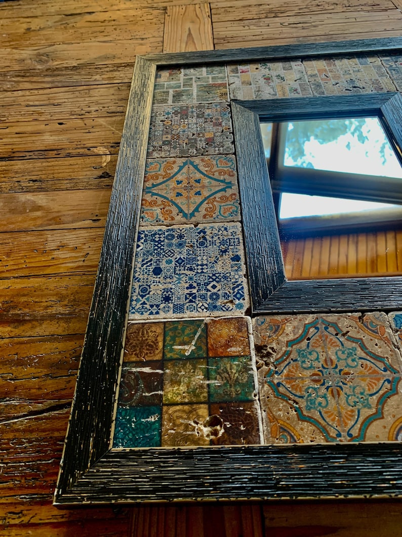 Moroccan Travertine Wall Mirror, Handmade Mosaic Stone Tile, Eclectic Boho Bedroom Living Room Decor, Entryway Statement image 1