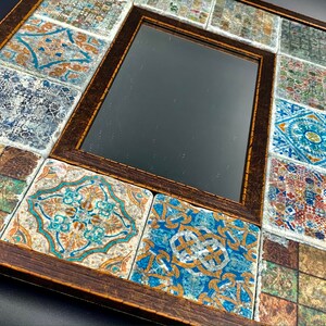 Moroccan Travertine Wall Mirror, Handmade Mosaic Stone Tile, Eclectic Boho Bedroom Living Room Decor, Entryway Statement image 3