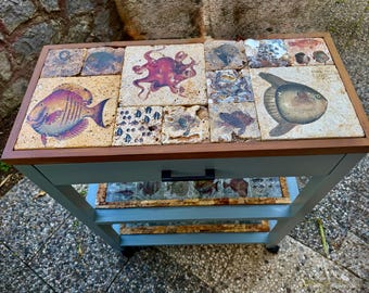 Mediterranean Mosaic Console Table, Handmade Travertine Tile Cart, Coastal Fish Tile Furniture, Rolling Accent Table, Ocean Inspired Decor