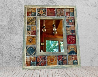 Mexican tile mirrors for bathroom, travertine stone tile mirror for wall, 5th anniversary gift for wife, orange mosaic mirror wall art, new