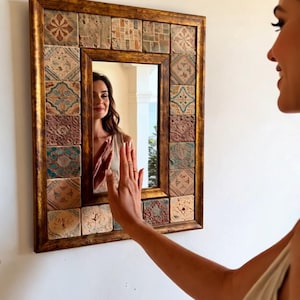 Grand Moroccan Travertine Mirror, Handmade Vintage Mosaic Stone Tile, Turkish Zellige Wall Decor, Statement Bathroom Mirror