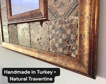 Travertine Tile Wall Mirror, Handmade Rustic Boho Mirror