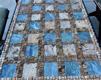 Custom Travertine Mosaic Dining Table – Handmade Stone Table, Personalized Mosaic Surface, Mediterranean Style