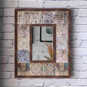 Moroccan Travertine Wall Mirror, Handmade Mosaic Stone Tile, Eclectic Boho Bedroom Living Room Decor, Entryway Statement image 5