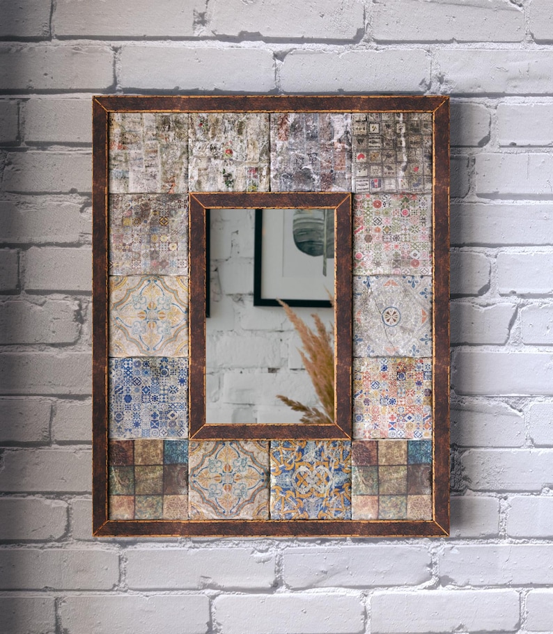 Moroccan Travertine Wall Mirror, Handmade Mosaic Stone Tile, Eclectic Boho Bedroom Living Room Decor, Entryway Statement image 5