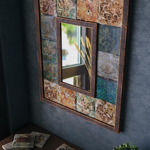 boho mosaic mirror, rustic tile mirror, handmade bathroom mirror, travertine wall mirror, ceramic mirror, entryway decor, bohemian art