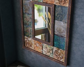 boho mosaic mirror, rustic tile mirror, handmade bathroom mirror, travertine wall mirror, ceramic mirror, entryway decor, bohemian art