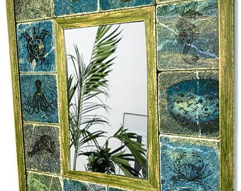 Bathroom Vanity Mirror, Rustic Bathroom Mirror, Vintage Mirror Wall Fish, Travertine stone tile mirror