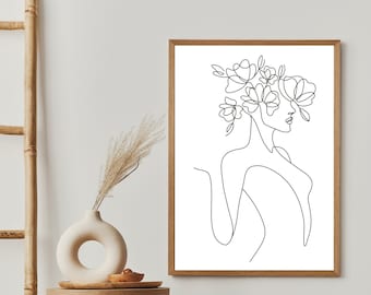 La belle en fleurs - Affiche minimaliste - Portrait femme - Art abstrait - Line art