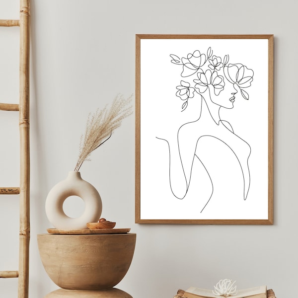 La belle en fleurs - Affiche minimaliste - Portrait femme - Art abstrait - Line art