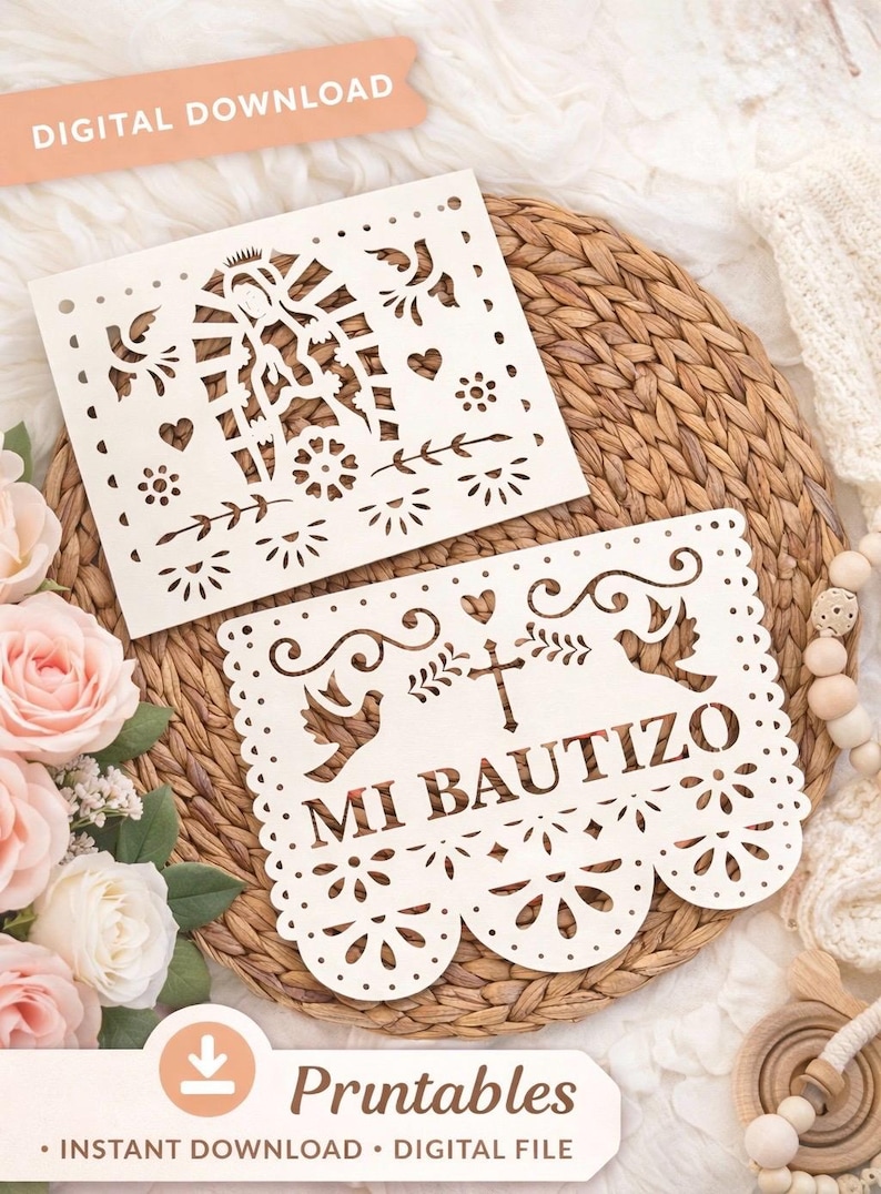 BAUTIZO Papel Picado Dekor/Banner - Virgen de Guadalupe - Dopfestdekor PNG-FIL - Endast nedladdning bild 1