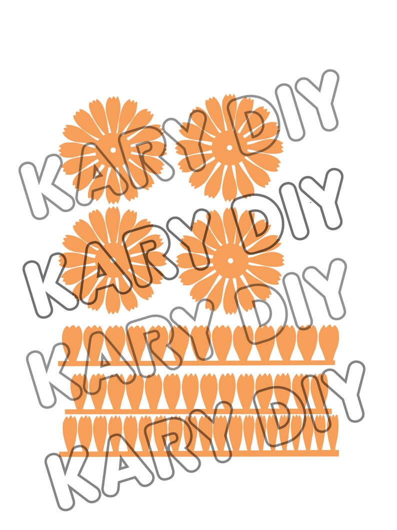 Peut inclure: Un ensemble de quatre fleurs en papier orange d&eacute;coup&eacute;es avec un motif r&eacute;p&eacute;titif de p&eacute;tales en papier orange. Les fleurs sont dispos&eacute;es en pile, la plus grande en bas et la plus petite en haut. Les fleurs sont superpos&eacute;es sur une rang&eacute;e de p&eacute;tales en papier orange.