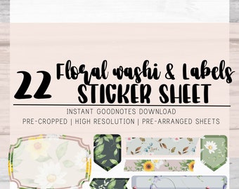 22 Bloemenetiketten en Washi Tape | Digitale stickers| Goodnotes klaar | Planner stickers