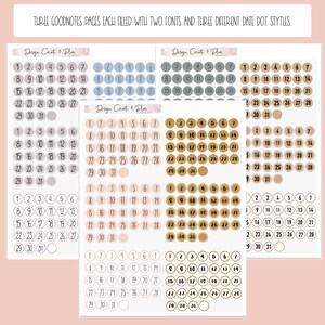 May include: Three sheets of printable planner stickers with different date dot styles. The stickers feature a beige and brown color scheme with the text "Design Create & Plan" at the top of each sheet.