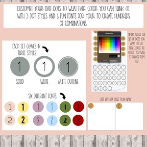 May include: A digital planner page with a color palette and a grid of circles. The circles are numbered 1 to 34. The text says "Customize your date dots to whatever color you can think of. With 3 dot styles and 6 fun fonts for your to create hundreds of combinations."  "Each set comes in three styles."  "Solid, White, White Outline."  "Six different fonts."  "Simply circle the set of dots you want to use. Then choose the color you wish to change them too."  "Last but not least plan away."