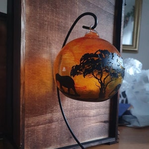 African Savannah Sunset Elephant Glass Painted Bauble on Stand