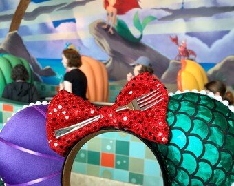 Little Mermaid, Ariel Inspired Mouse Ears- Mermaid Scale/Purple shell and Red Bow (Dinglehopper)