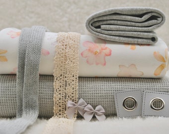 Girls fabric package jersey flowers and waffle knit in light gray mottled with cuffs, including hoodie cords, eyelet patches and bows