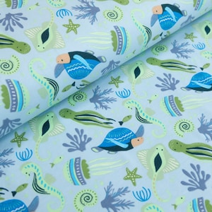 Jersey Baumwollstoff Unterwasserwelt Schildkröten, Baumwolljersey floral, Jersey für Jungs