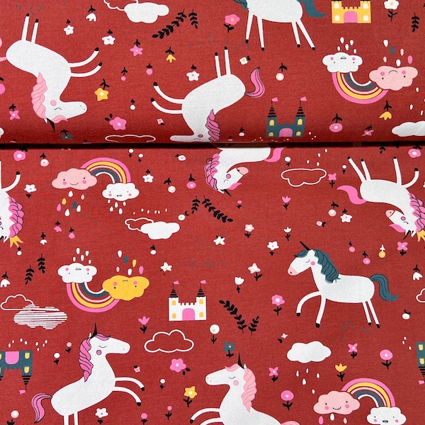 Jersey cotton fabric unicorn, cotton jersey castle, summer jersey, jersey rainbow