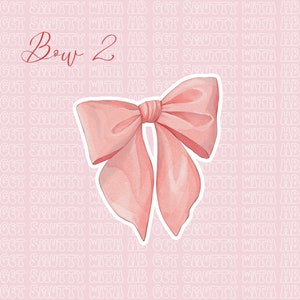 K&ouml;nnte beinhalten: Eine rosa Schleife aus Satin mit wei&szlig;em Umriss. Die Schleife ist zu einem Knoten gebunden und hat an jeder Seite eine Schlaufe. Der Text "Bow 2" ist in Kursivschrift &uuml;ber der Schleife geschrieben.