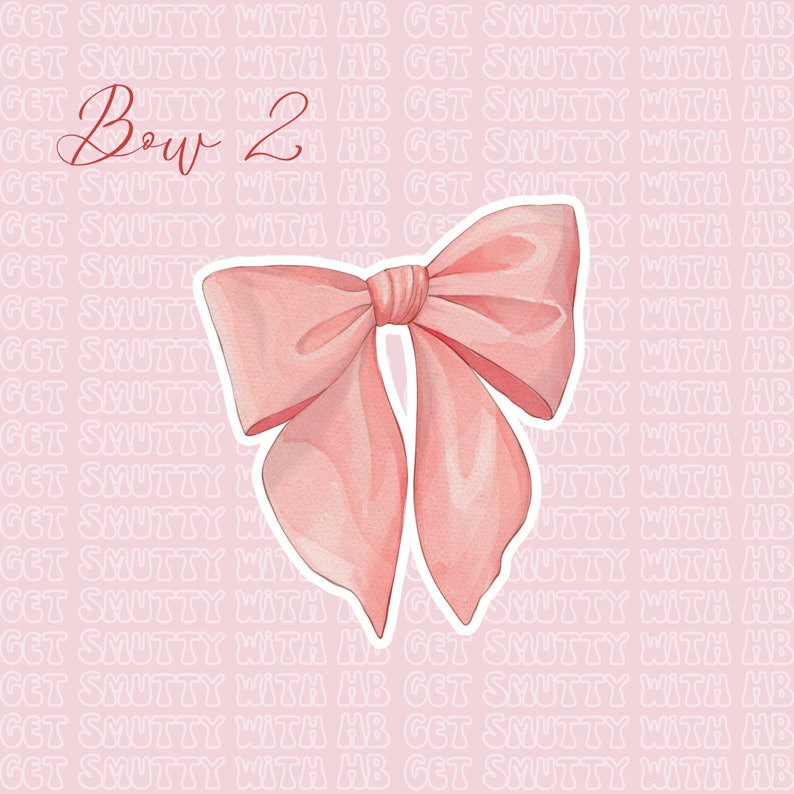 K&ouml;nnte beinhalten: Eine rosa Schleife aus Satin mit wei&szlig;em Umriss. Die Schleife ist zu einem Knoten gebunden und hat an jeder Seite eine Schlaufe. Der Text "Bow 2" ist in Kursivschrift &uuml;ber der Schleife geschrieben.