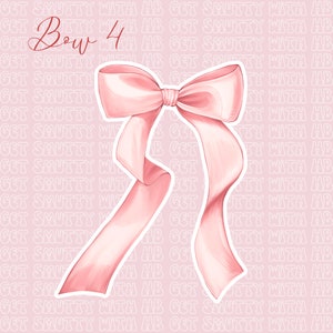 K&ouml;nnte beinhalten: Eine rosa Schleife aus Satin mit wei&szlig;em Rand. Die Schleife befindet sich auf einem rosa Hintergrund mit dem Text "Bow 4" in Schwarz.