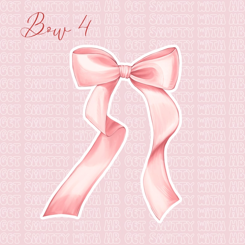 K&ouml;nnte beinhalten: Eine rosa Schleife aus Satin mit wei&szlig;em Rand. Die Schleife befindet sich auf einem rosa Hintergrund mit dem Text "Bow 4" in Schwarz.