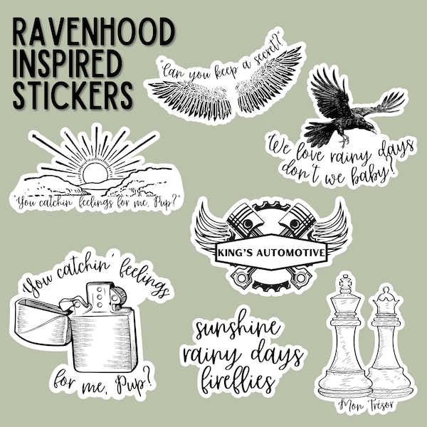 Ravenhood series stickers, we love rainy days, flock, exodus, the finish line, waterproof, vinyl stickers, spicy book stickers