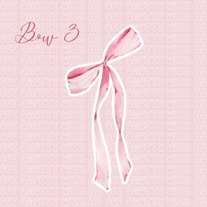 K&ouml;nnte beinhalten: Eine rosa Aquarell Schleife mit wei&szlig;em Umriss. Die Schleife befindet sich auf einem rosa Hintergrund mit dem Text "Bow 3" in Schwarz.