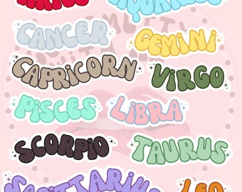 Dierenriemstickers, holografisch, bellenletters, waterflessticker, vinylsticker, leesachtige sticker, horoscoopsticker