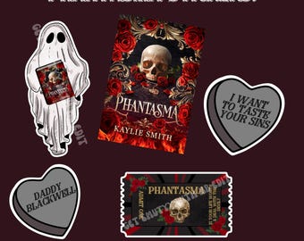 May include: A set of five stickers featuring a gothic theme. The stickers include a ghost holding a book, a book cover with a skull and roses, a heart-shaped candy with the text "I want to taste your sins", a heart-shaped candy with the text "Daddy Blackwell", and a ticket with a skull and roses.