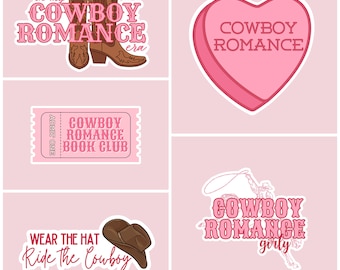 May include: A set of four pink and white stickers with cowboy romance themes. The stickers feature cowboy boots, a heart-shaped candy, a ticket stub, and a cowboy riding a horse. The text on the stickers includes "in my cowboy romance era", "cowboy romance", "cowboy romance book club", "wear the hat ride the cowboy", and "cowboy romance girly".