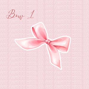 K&ouml;nnte beinhalten: Eine rosa Schleife aus Satin mit wei&szlig;em Rand. Die Schleife befindet sich auf einem rosa Hintergrund mit dem Text "Bow 1" in Schwarz.