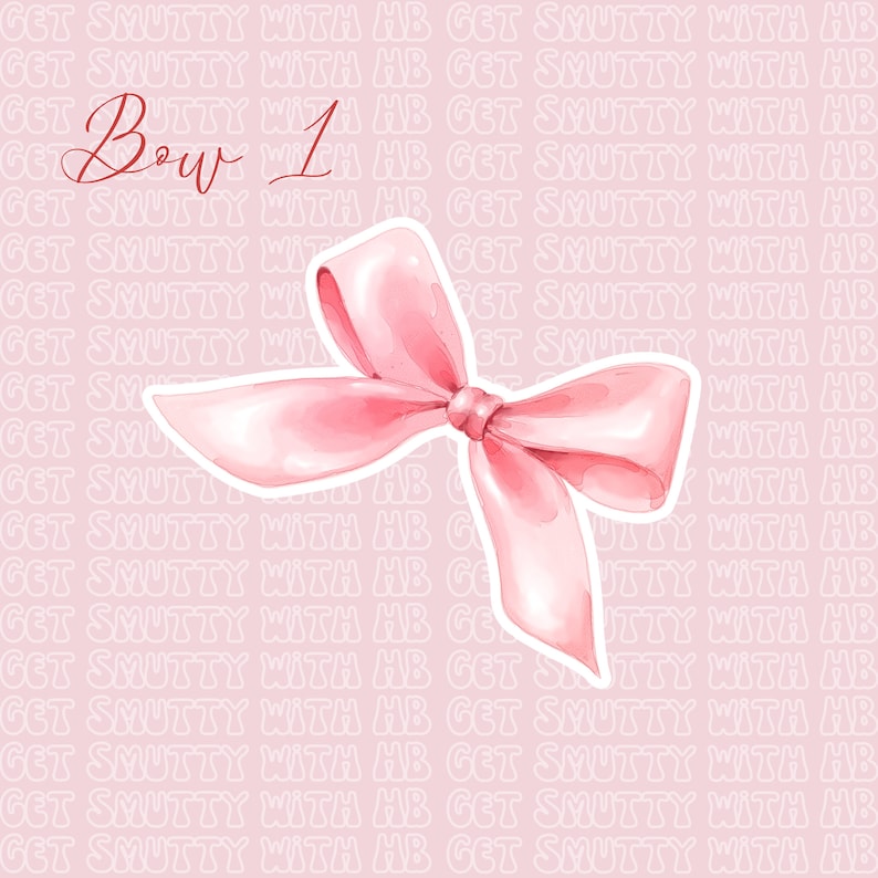 K&ouml;nnte beinhalten: Eine rosa Schleife aus Satin mit wei&szlig;em Rand. Die Schleife befindet sich auf einem rosa Hintergrund mit dem Text "Bow 1" in Schwarz.