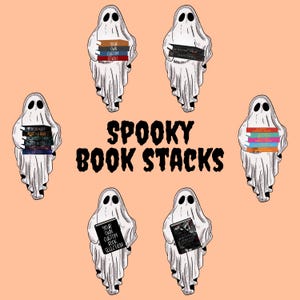 Może przedstawiać: Sześć białych duchów trzymających stosy książek z przerażającymi tytułami. Duchy stoją na brzoskwiniowym tle. Tekst "SPOOKY BOOK STACKS" jest napisany czarnymi literami pod duchami.