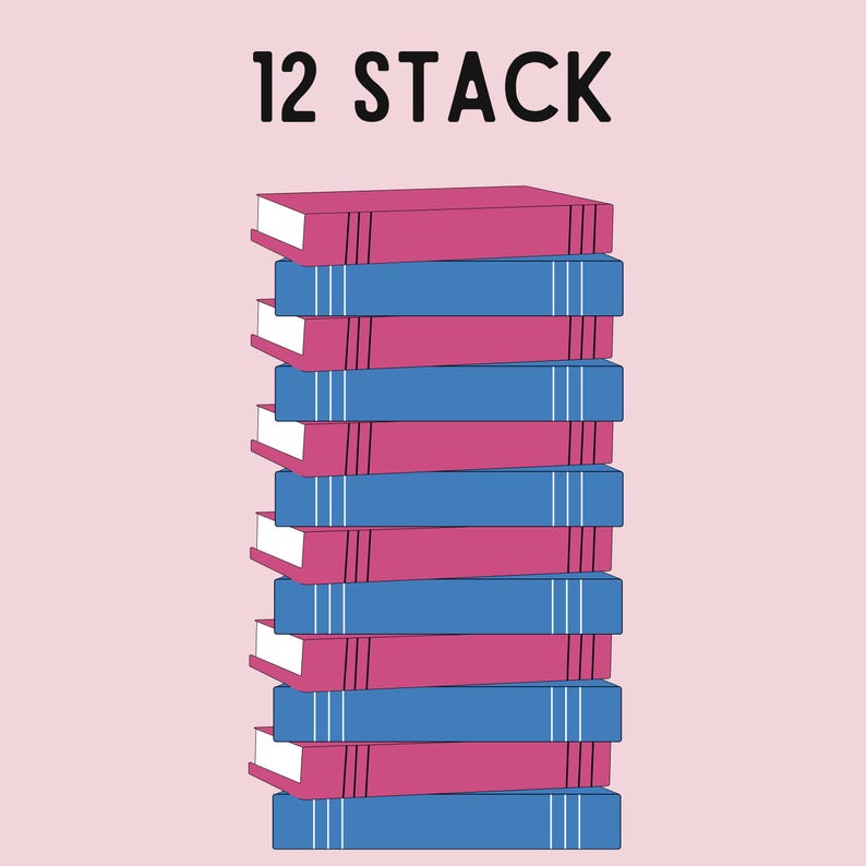 May include: A stack of 12 books, alternating between pink and blue covers. The top book has the text "12 STACK" on the spine.