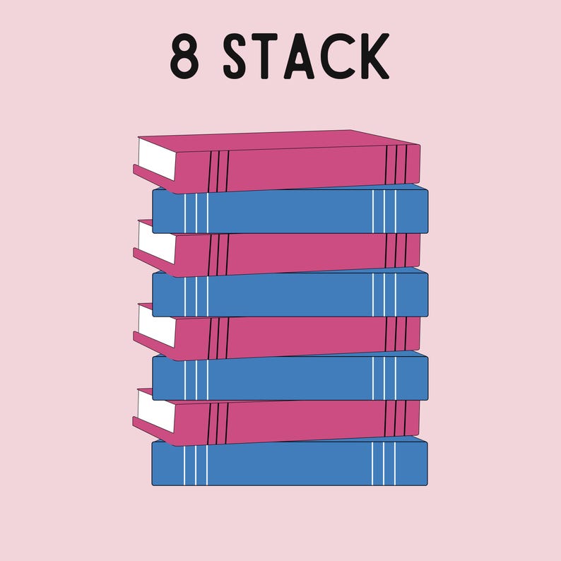 May include: A stack of eight books, alternating between pink and blue covers. The books have a simple design with white lines on the cover. The text "8 STACK" is written above the stack of books.