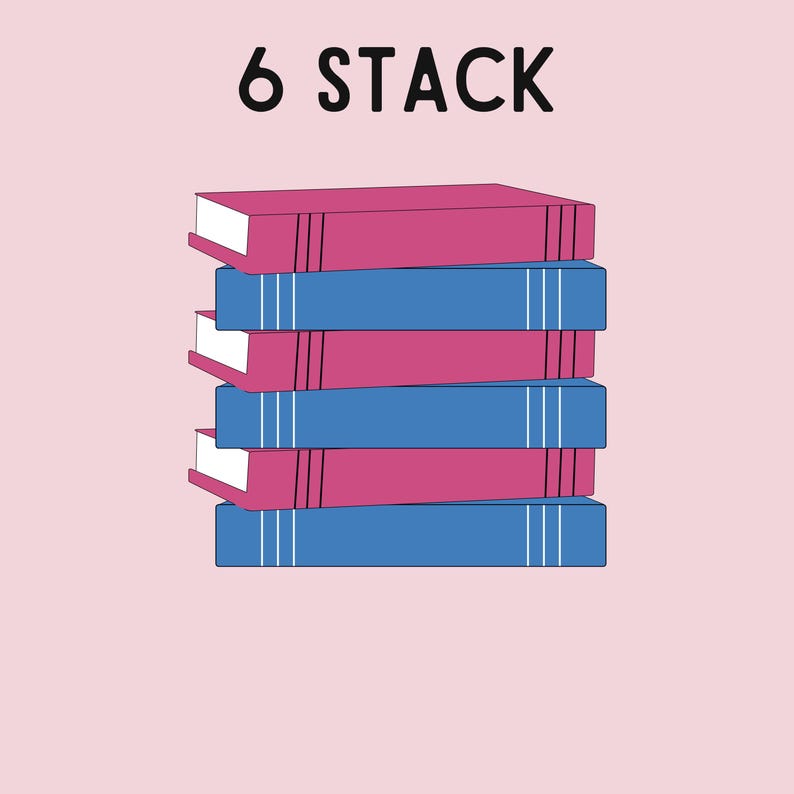 May include: A stack of six books, alternating between pink and blue covers. The top book has the text "6 STACK" printed on it.
