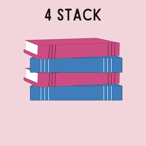 May include: A stack of four books, two pink and two blue, with white stripes on the blue books. The text "4 STACK" is above the books.